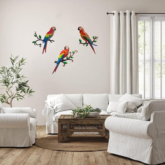 Limygus Metal Parrot Wall Art Decor, 3 Pack Colorful Tropical Bird Decorations, Hanging Outdoor Fence Artwork for Garden Yard Living Room Bedroom Balcony