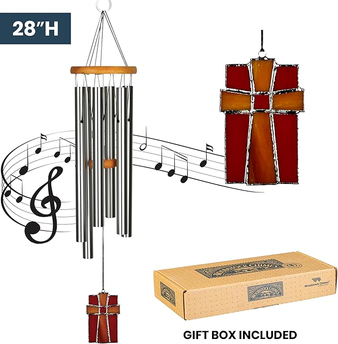 Woodstock Wind Chimes for Outside, Outdoor Decor, Garden, Patio and Front Porch Decor, (28") Memorial Sympathy Wind Chimes Amazing Grace Wind Chime Stained Glass Cross Christmas Gifts (AGS)