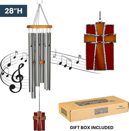 Woodstock Wind Chimes for Outside, Outdoor Decor, Garden, Patio and Front Porch Decor, (28") Memorial Sympathy Wind Chimes Amazing Grace Wind Chime Stained Glass Cross Christmas Gifts (AGS)