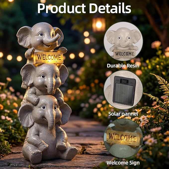 Lyeasw Solar Elephant Garden Statue with Lighted Welcome Sign, Outdoor Decor for Patio Porch Yard, Cute Elephant Family Figurine for Garden, Gift for Mom Grandma Garden Lovers