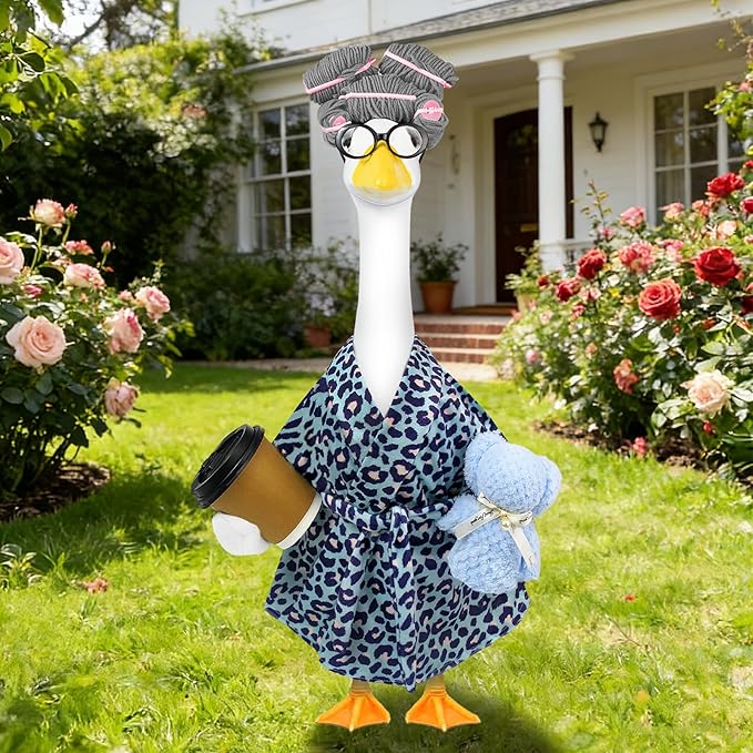Lady Porch Goose Outfits,Bathrobe Porch Goose Statue Costume with Curlers Reading Glasses Coffee Cup Towel,Cute Goose Clothes for 23-Inch Cement Statue,Lawn Yard Garden Patio Decor（Leopard Print 02）