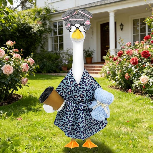 Lady Porch Goose Outfits,Bathrobe Porch Goose Statue Costume with Curlers Reading Glasses Coffee Cup Towel,Cute Goose Clothes for 23-Inch Cement Statue,Lawn Yard Garden Patio Decor（Leopard Print 02）