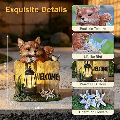 Garden Fox Welcome Sign with Solar LED Lantern, Outdoor Decorative Statue with Bird and Flowers for Porch, Patio or Garden