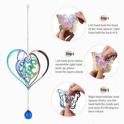 Heart Wind Spinners Outdoor 3D Gradient Twisted Wind Chimes Stainless Steel Etched Metal Embellishments for Christmas Outside Hanging Decor Yarn Home Party Decor 2Pcs