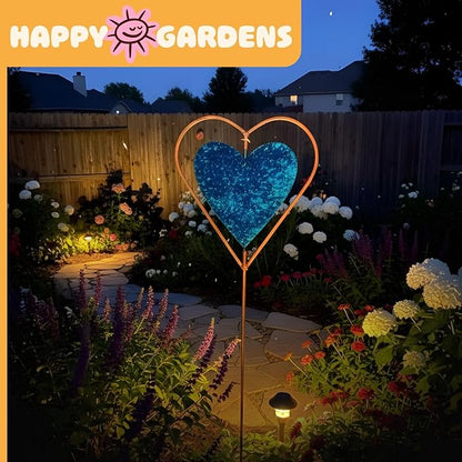 Happy Gardens Metal Garden Stake with Blue Heart Spinner (27” Tall - Glossy, Textured Finish) Decorative Large Outdoor Yard Art, and Outside Decor