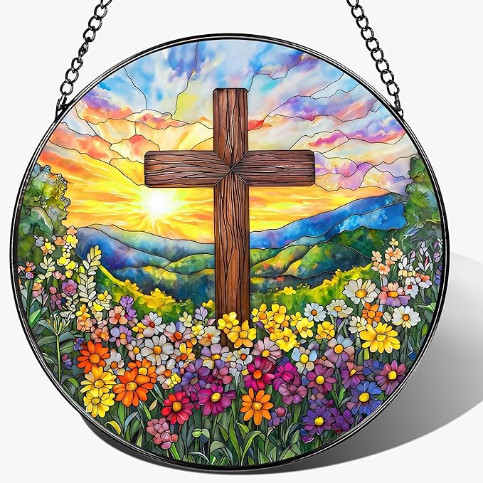 8'' Religious Cross Ornament, Stained Glass Window Hanging, Sun Catcher Window Decor, Christian Holiday Decor, Cross Gifts, Baptism Gifts, Religious Gift, Christian Gift