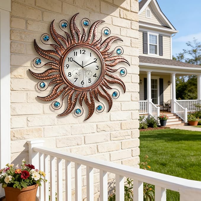 COOZZUHOUR 25 Inch Metal Sun Outdoor Shaped-Clock with Thermometer and Hygrometer Combo, Battery-Powered 10-inch Waterproof Dial and Silent Quartz Movement for Home Decorative Gifts(Bronze)