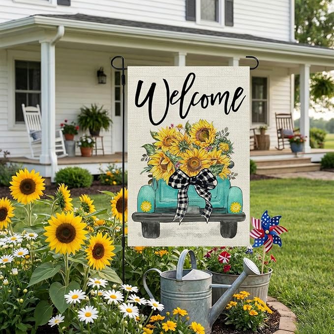 CROWNED BEAUTY Summer Garden Flag Sunflowers Truck 12x18 Inch Double Sided Small Burlap Welcome Holiday Seasonal Flag for Outside Yard Decoration