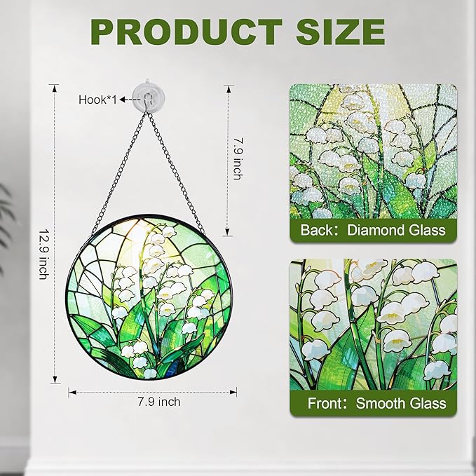 Stained Glass Window Hanging, Lily of the Valley Suncatcher 7.8 in Sun Catcher Boho Wall Art Decor with Chain Diamond Glass Panel Hangings Scenery Sun Catchers Decor for Lover Couple Mom