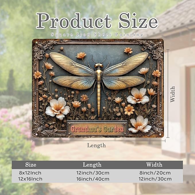 Custom Garden Signs Personalized Metal Tin Sign for Women, Retro Dragonfly Metal Sign for Outdoor, Patio, Yard Rustic Home Decor Gift for Mothers Day, Grandmas, and Gardening Lovers