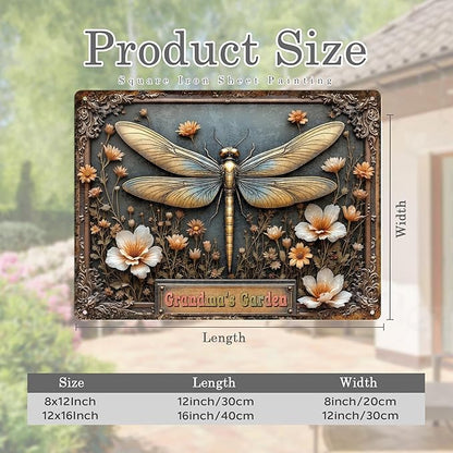 Custom Garden Signs Personalized Metal Tin Sign for Women, Retro Dragonfly Metal Sign for Outdoor, Patio, Yard Rustic Home Decor Gift for Mothers Day, Grandmas, and Gardening Lovers