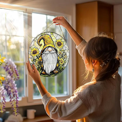 8″ Stained Glass Window Hanging Ornament, Sunflower Gnome Stained Glass Suncatcher Ornament, Sun-Catcher Window Decor | Christmas & Birthday Gifts, Festival Gifts | Gift for Her
