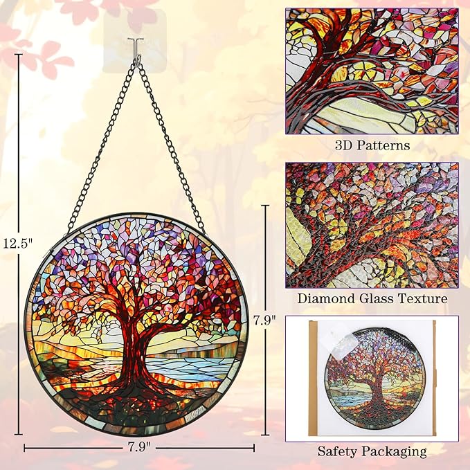 Stained Glass Window Hanging, 8 Inch Tree of Life Stained Glass Suncatchers for Indoor Windows Wall Kitchen Home Room Decor Ornaments Gifts for Women Mom Grandma Birthday Mother's Day
