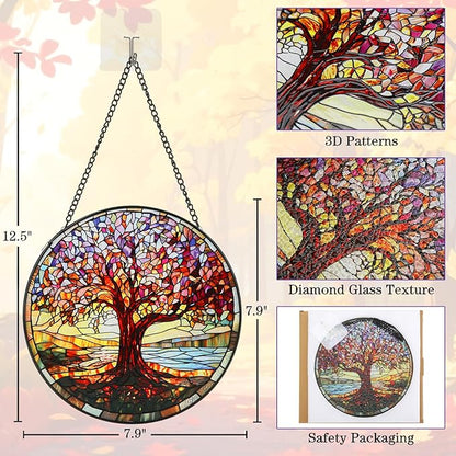 Stained Glass Window Hanging, 8 Inch Tree of Life Stained Glass Suncatchers for Indoor Windows Wall Kitchen Home Room Decor Ornaments Gifts for Women Mom Grandma Birthday Mother's Day