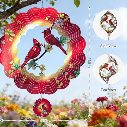 Cardinal Wind Spinner, 12Inch Metal 3D Kinetic Wind Spinners, Cardinal Gifts for Women, Mom, Garden & Yard Decor Outdoor/Indoor Decoration, Dynamic Art Hanging Sculpture