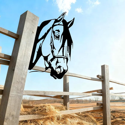 Peeping Metal Horse Wall Art - Garden Fence Decorations for Outdoor, Farmhouse Yard Art, 11.65" x 9.06" Black Horse Silhouette for Tree, Fence, or Barn (Screws Included)
