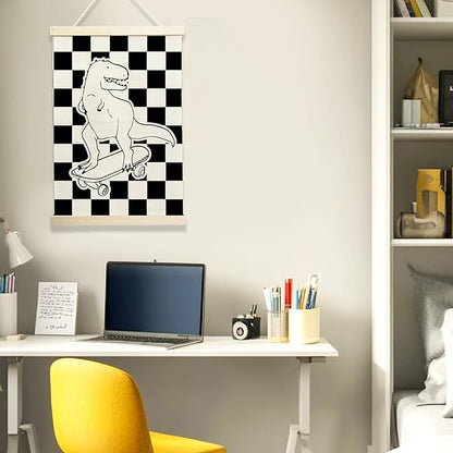 Skateboarding Dinosaur Wall Art, Checkered Black and White Kids Room Decor, Cool Poster for Boys Bedroom or Playroom, 12x17 Inch Canvas Hanging (135)