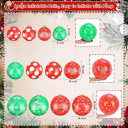 Flasoo 12 Pack Giant Inflatable Christmas Ornaments for Outdoor Decoration, Big Christmas Balls for Front Door Yard Tree Hanging (9 Inch, 12 Inch, 16 Inch)