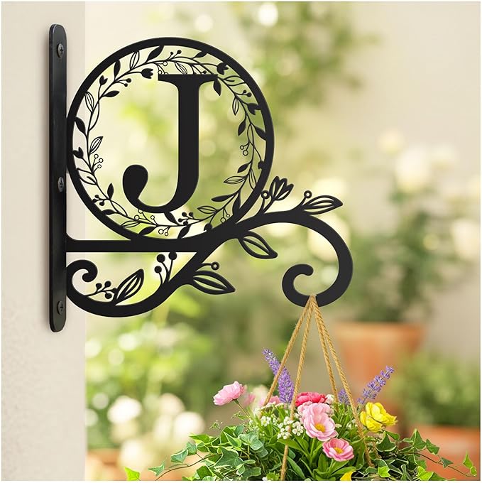 Metal Initial Letter J Plant Hanger Bracket, Decorative Wall Mount Hanging Plant Hook, Monogram Floral Leaf Garden Decor for Hanging Baskets, Bird Feeders, Lanterns, Wind Chimes