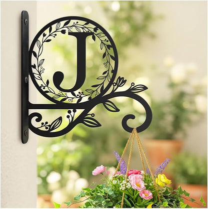 Metal Initial Letter J Plant Hanger Bracket, Decorative Wall Mount Hanging Plant Hook, Monogram Floral Leaf Garden Decor for Hanging Baskets, Bird Feeders, Lanterns, Wind Chimes