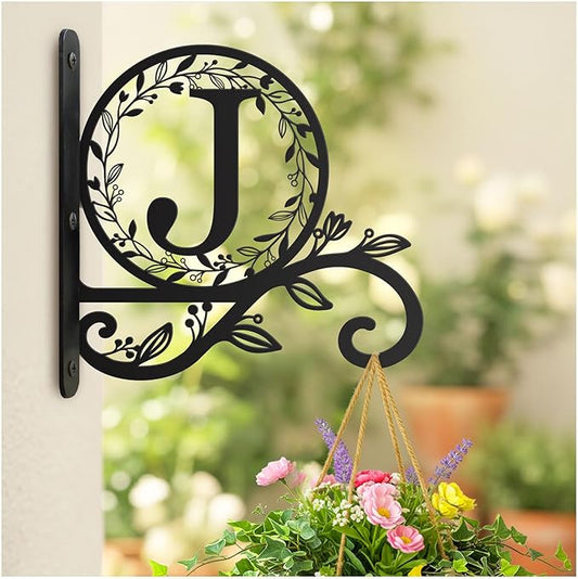Metal Initial Letter J Plant Hanger Bracket, Decorative Wall Mount Hanging Plant Hook, Monogram Floral Leaf Garden Decor for Hanging Baskets, Bird Feeders, Lanterns, Wind Chimes