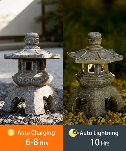 Nacome Solar Pagoda Lantern Garden Statue,Indoor/Outdoor Zen Asian Decor for Landscape Balcony,Garden,Patio,Porch Yard Art Ornament,Polyresin, Stone Finish