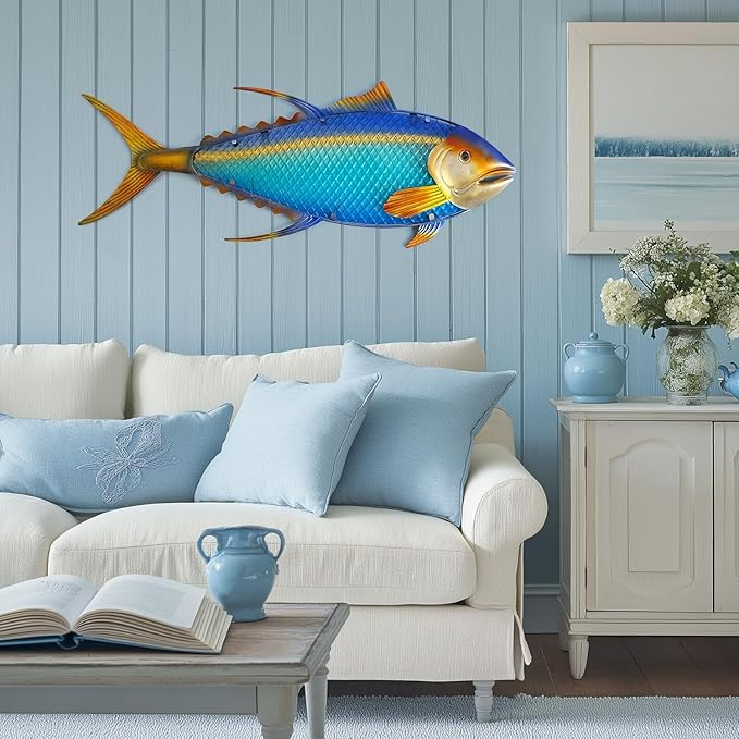 LIFFY Metal Fish Wall Decor,36" Large Tuna Wall Art with Led Lights,Indoor Outdoor Mounted Nautical Hanging Decorations for Home Garden Patio,Gift for Coastal Decor & Ocean Lover