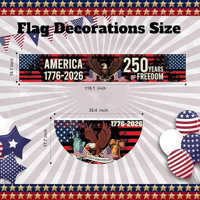 Chumia 5 Pcs 250th Anniversary Decorations Include 1776-2026 Patriotic Outdoor Hanging Bunting Fan Banners American Flag Fence Banner Fourth of July Independence Day Porch Yard Garden Decor