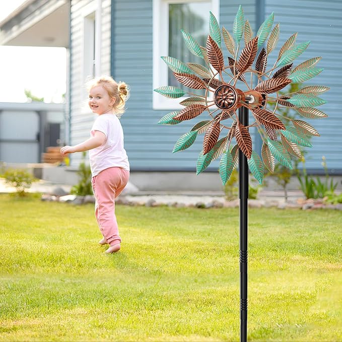 Wind Spinners Outdoor, 360° Metal Windmills for Yard Garden Art Decor, Kinetic Wind Sculptures with 5 Stake for Lawn Patio Outside Ornaments, 13.7" W x 64.3" H (Green+Brown)