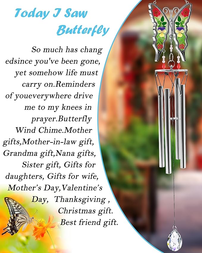 KY&BOSAM Gifts for Mom Butterfly Wind Chime for Outside with Crystal Sympathy Wind Spinner Memory Memorial Wind Chime for Loss of Loved One Mother Condolence Gift Home Outdoor Garden Patio Decor