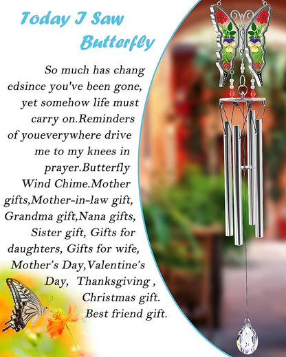KY&BOSAM Gifts for Mom Butterfly Wind Chime for Outside with Crystal Sympathy Wind Spinner Memory Memorial Wind Chime for Loss of Loved One Mother Condolence Gift Home Outdoor Garden Patio Decor