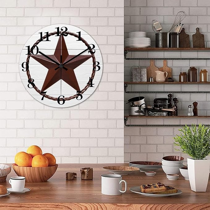 12 Inch Decorative Wall Clock Western Texas Star Rustic Farmhouse Wood Clock Quiet Non-ticking Battery Operated Vintage Wooden Analog Clock for School Bedroom Living Room Decoration Home Decor