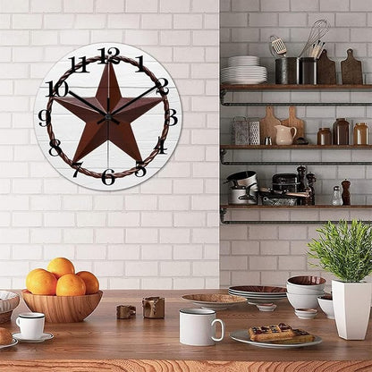 12 Inch Decorative Wall Clock Western Texas Star Rustic Farmhouse Wood Clock Quiet Non-ticking Battery Operated Vintage Wooden Analog Clock for School Bedroom Living Room Decoration Home Decor
