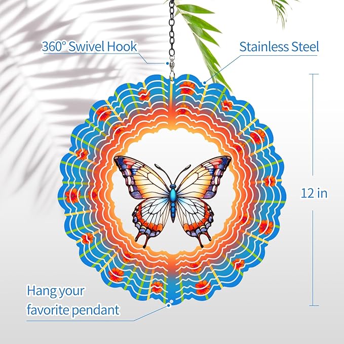 Butterfly Wind Spinners Garden Decor as Birthday Gifts for Women Mom,12 inch 3D Stainless Steel Hanging Wind Spinner Metal Catchers Kinetic Sculpture for Outdoor Decor, Patio,Yard Decorations