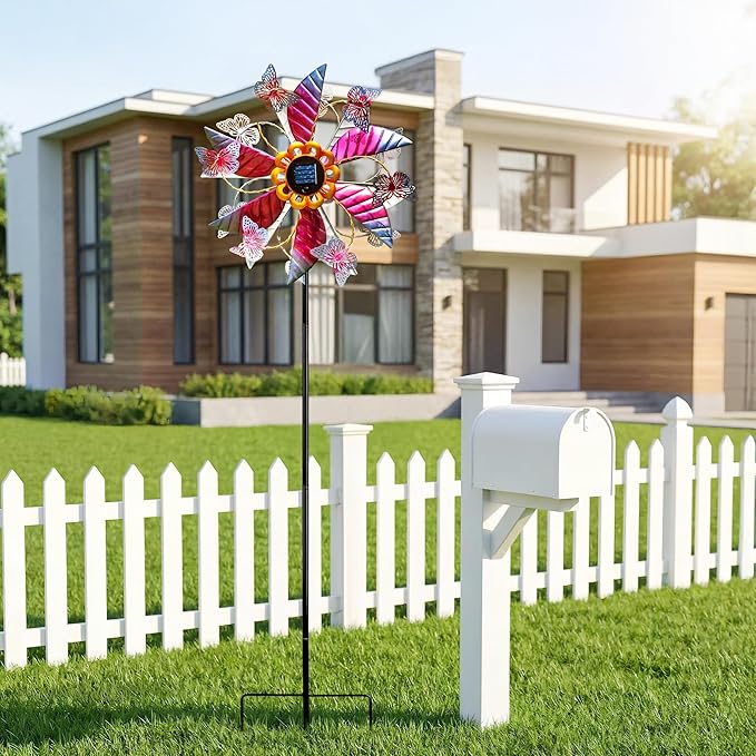 Solar Wind Spinner Outdoor Metal - Large Kinetic Garden Wind Spinners with Solar LED Lights, Waterproof Butterfly Yard Art Sculptures & Spinners for Patio, Lawn, Pathway, Backyard