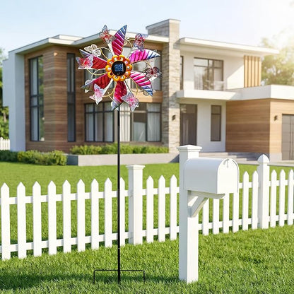 Solar Wind Spinner Outdoor Metal - Large Kinetic Garden Wind Spinners with Solar LED Lights, Waterproof Butterfly Yard Art Sculptures & Spinners for Patio, Lawn, Pathway, Backyard