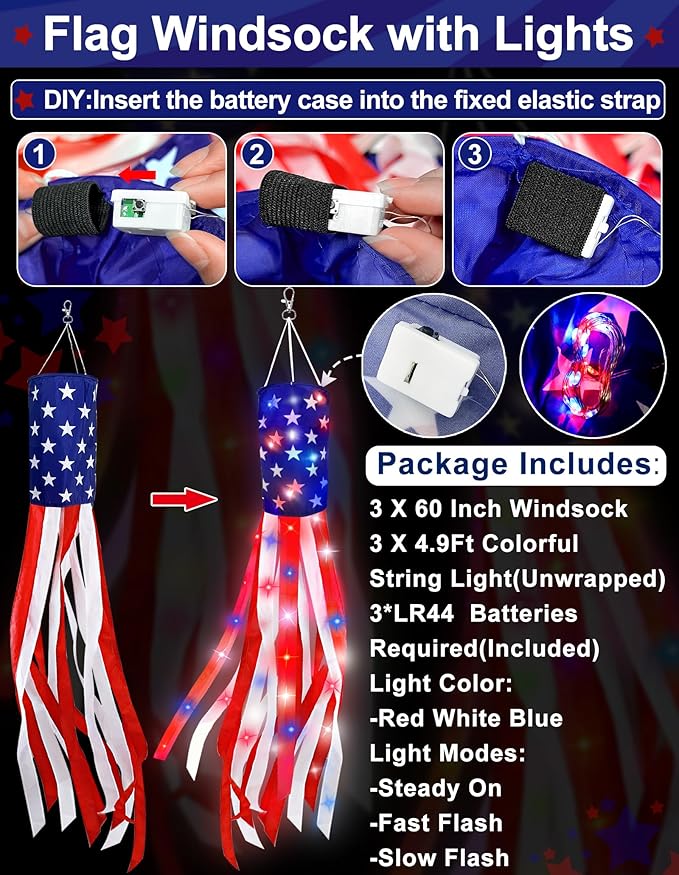 3 Pack 60 Inch Large American Flag Windsocks with Red White Blue Lights, 4th of July Decorations 250th Anniversary Patriotic USA Wind Sock for Outside Heavy Duty Memorial Day Yard Outdoor Decor