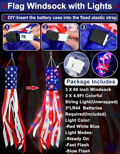 3 Pack 60 Inch Large American Flag Windsocks with Red White Blue Lights, 4th of July Decorations 250th Anniversary Patriotic USA Wind Sock for Outside Heavy Duty Memorial Day Yard Outdoor Decor