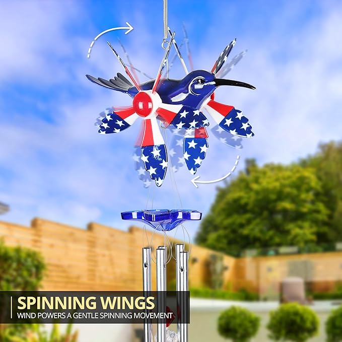 Exhart WindyWing Patriotic Hummingbird Wind Chime with American Flag Wings That Spin in The Breeze, 8 by 18 Inches