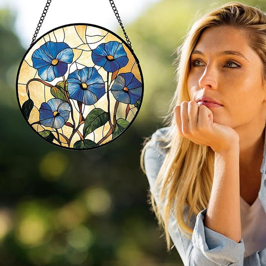 Stained Glass Window Hanging - Morning Glory Suncatcher for Door Garden Home Decor Birth Flower Sun Catcher Christmas Birthday for Lovers Friend Women Mom Nana 9.8 in
