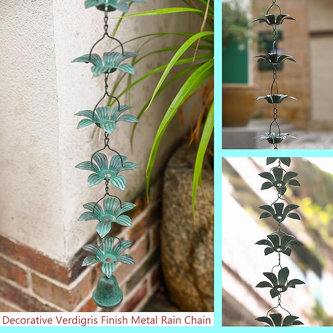 Metal Lily Flower Rain Chain for Outside, Functional and Decorative Replacement Gutter Chain Downspout for Heavy Rain, Rain Catcher Chain for Gutters, 8.5FT (27 Lily Flower Cup)