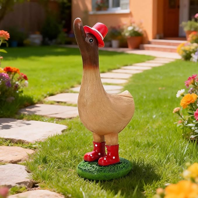 Garden Duck Statues with Solar Hat Light Outdoor Decor, Cute Runner Duck Figurines for Yard Patio Lawn, Animal Ornaments Resin Crafts, Gifts for Women Mom Housewarming
