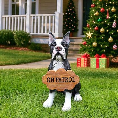Boston Terrier Dog Garden Statue with Solar Lantern and Double-Sided Welcome Sign, Large Realistic Resin Dog Figurine Outdoor Decor, Waterproof Pet Memorial Sculpture for Yard, Porch, Gift for Family