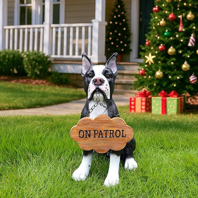 Adorable Boston Terrier Dog Sculpture with Solar Lantern & Double-Sided 'On Patrol' and 'Welcome' Signposts – Playful Outdoor Resin Statue for Garden, Yard, Patio