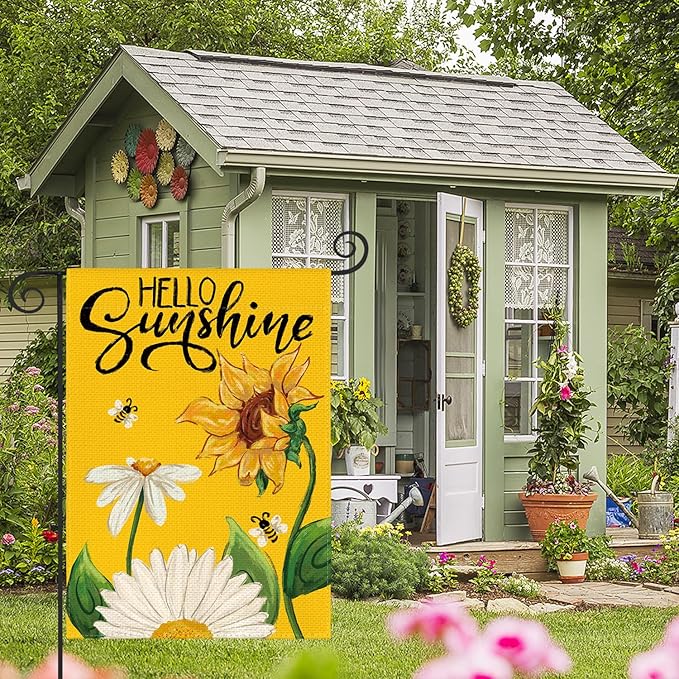 AVOIN colorlife Daisy Sunflower Hello Sunshine Garden Flag 12x18 Inch Double Sided, Summer Seasonal Holiday Burlap Yard Outdoor Decoration Yellow
