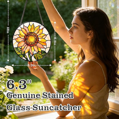 Sun Catcher Window Hanging Stained Glass, 4 pcs Floral Designs of Poppy Sunflower Rose Lily, for Bedroom Garden Kitchen Decor, Gifts for Mom, 6.3 Inch