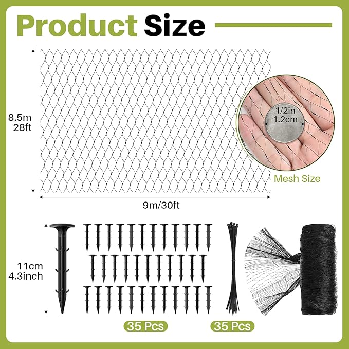 Koi Pond Netting Kit 28 x 30ft, Bird Deer Fence Netting, Durable Net Cover for Leaves, Heavy Duty Fine Mesh, Protect Fish from Blue Heron Birds, Cats & Predators, 35pcs Stakes & Ties Included