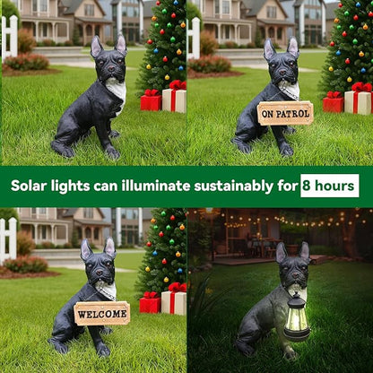 Frenchie Chic Entry Accent with Solar Lantern & Double-Sided Sign, Sitting Black French Bulldog Statue for Porch Seating, Hallway & Patio