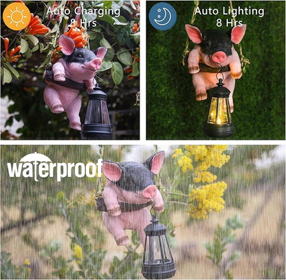 Hanging Pig Garden Lantern, Solar Pig Sculpture Outdoor Resin Garden Decoration, Weather-Resistant Animal Statue for Porch, Patio, and Walkway