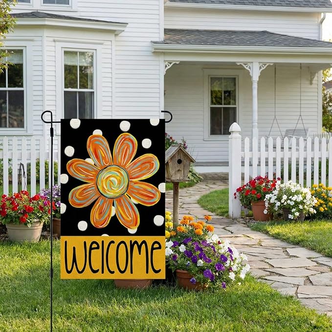 CROWNED BEAUTY Summer Garden Flag Floral 12x18 Inch Double Sided Small Burlap Seasonal Holiday Polka Dots Flag for Outside Yard Decoration
